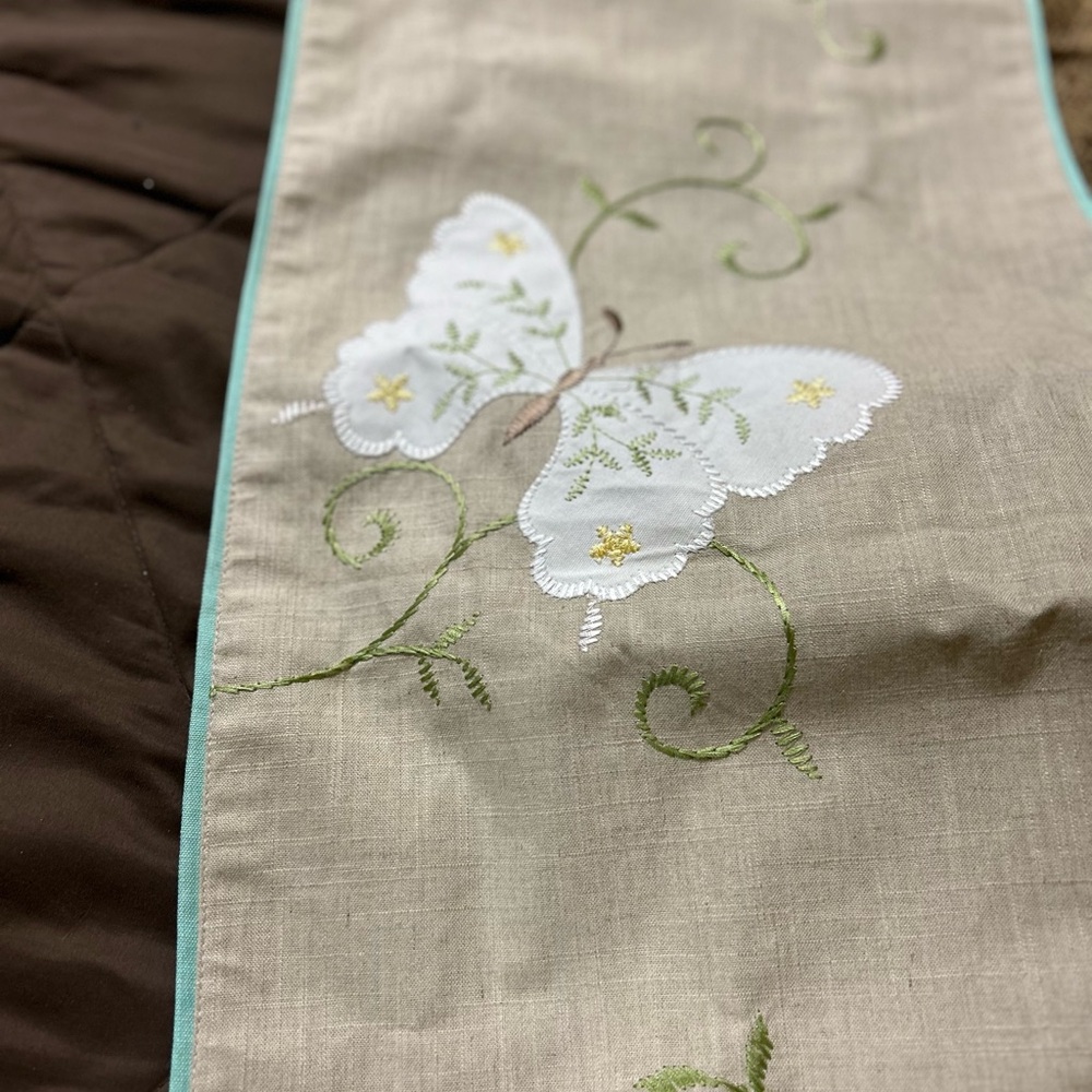 Embroidered Butterfly Table Runner - Beige and Green